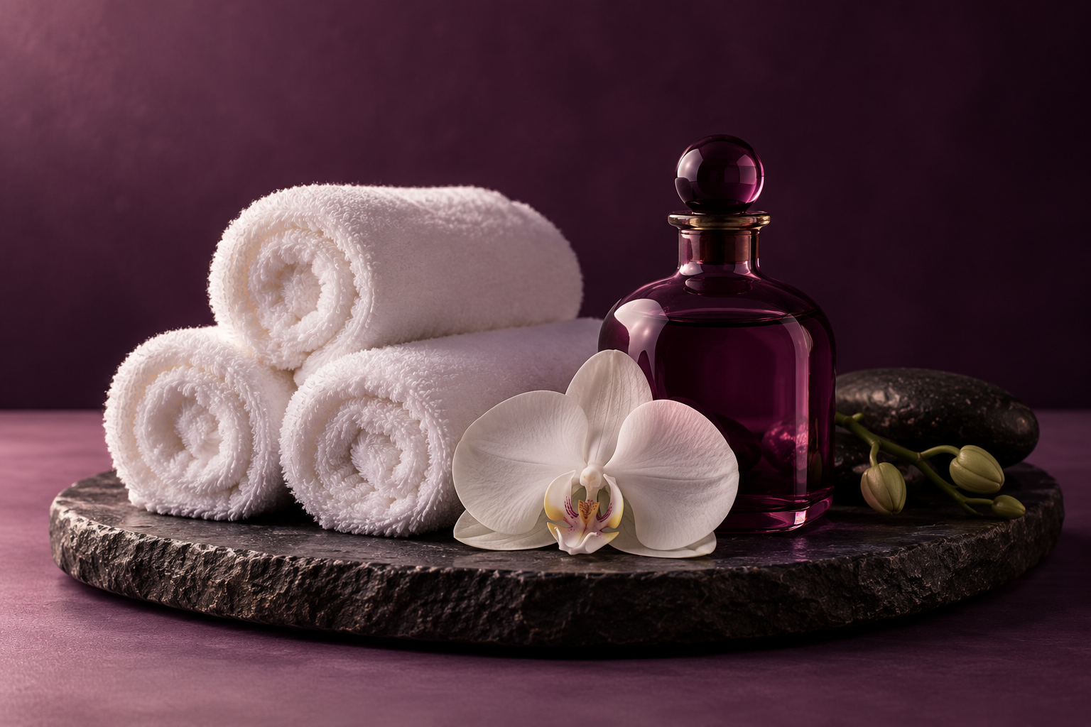 Spa towels, orchid and massage oil arranged on a stone tray